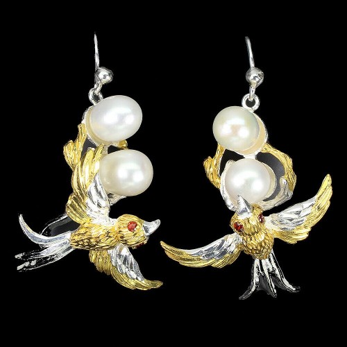 Kolczyki naturalne perły barokowe granaty ptak 4