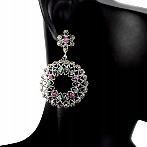 925 Kolczyki natural szmaragdy markazyty szafiry 1