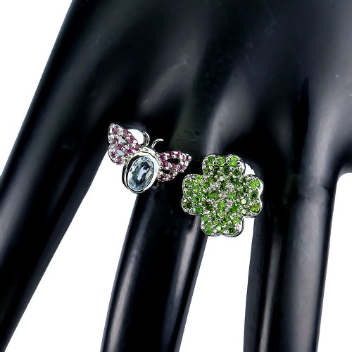 Pierścionek akwamaryn diopsyd motyl koniczyna r 23