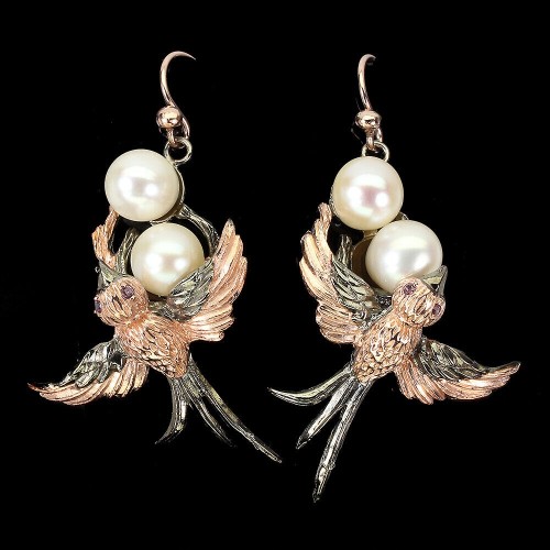 Kolczyki naturalne perły barokowe granaty ptak 5