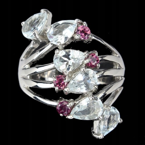 925 Pierścionek r 16 naturalne granaty akwamaryny