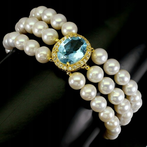 Bransoletka natural topaz sky blue perły cyrkonie