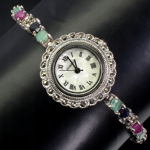 Zegarek bransoletka markazyty szmaragdy rubiny 925