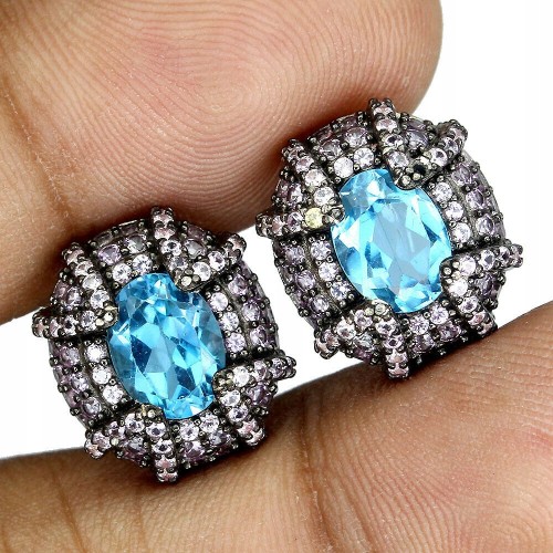 Srebrne kolczyki naturalne swiss topazy szafiry 3