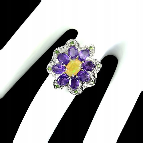 Srebrny pierścionek opal diopsydy ametysty r 17