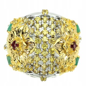 925 Pierścionek srebrny szafiry szmaragdy r 15.5