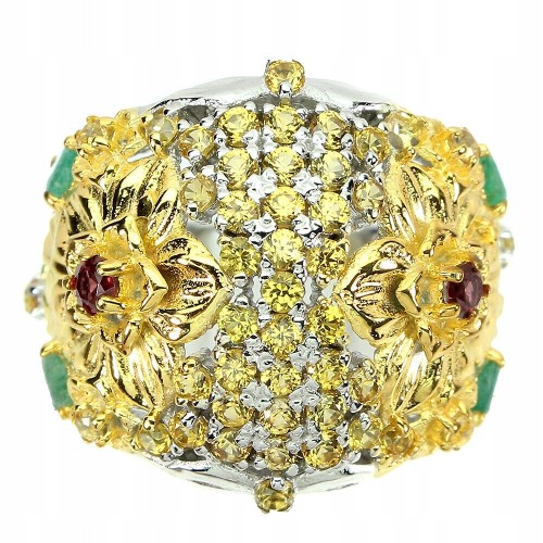 925 Pierścionek srebrny szafiry szmaragdy r 15.5