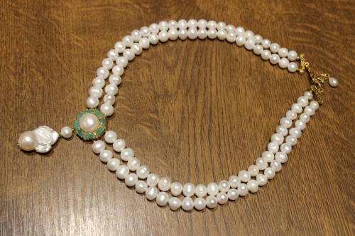 Naszyjnik naturalne perły szmaragdy piękny 925