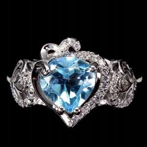 Srebro pierścionek r 17 topaz sky cyrkonie serce