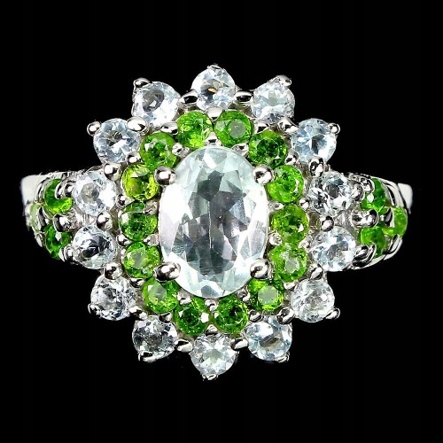 925 Pierścionek r 17 srebrny akwamaryny diopsydy