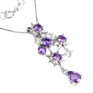 Srebrny naszyjnik naturalne ametysty cyrkonie 25