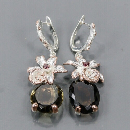 Artystyczne kolczyki 23ct kwarc dymny granaty 2
