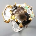 Artystyczny pierścionek kwarc dymny szmaragdy r 18