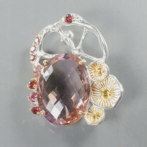 925 Artystyczna broszka 24ct ametryn AAA granaty