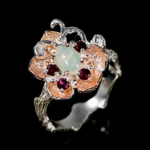 Artystyczny pierścionek opal ognisty granat r 16.5