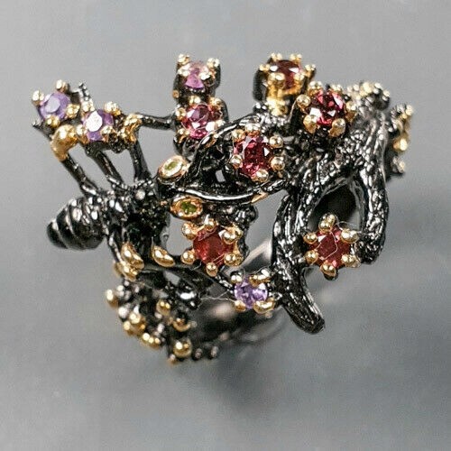 Artystyczny pierścionek granaty ametysty r 17.5