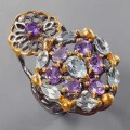 925 Artystyczny pierścionek topazy ametysty r 13.5