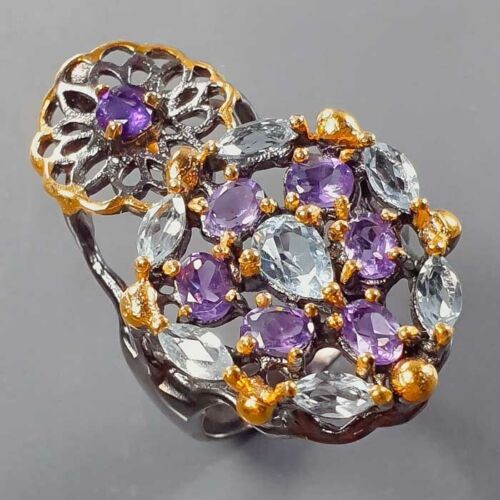 925 Artystyczny pierścionek topazy ametysty r 13.5