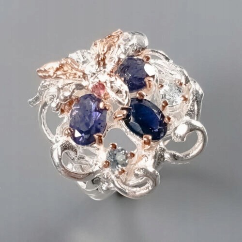 Artystyczny pierścionek iolity topazy granaty r 15