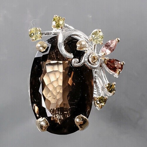 Artystyczny pierścionek kwarc dymny turmaliny 18.5