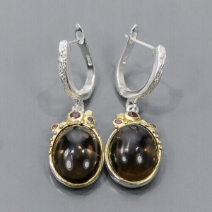 Artystyczne kolczyki kwarc dymny granaty srebro 2