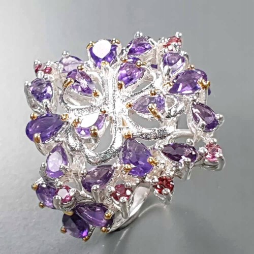 925 Pierścionek artystyczny r 17 ametysty granaty