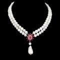 Naszyjnik perły rubiny srebro natural białe topazy