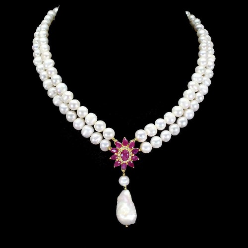 Naszyjnik perły rubiny srebro natural białe topazy