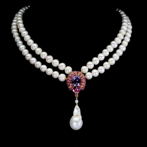 Srebrny naszyjnik rubiny perły ametyst naturalny