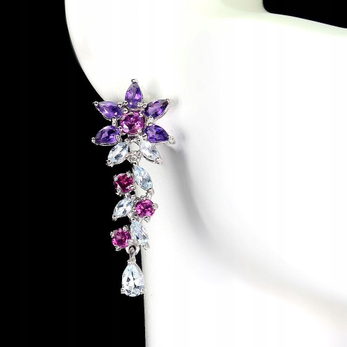 925 Kolczyki kwiat ametysty akwamaryny granaty 3