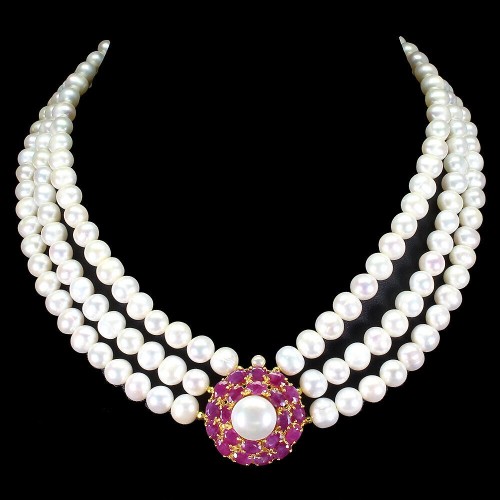 Srebro naszyjnik perły rubiny natural białe topazy