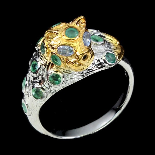 Pierścionek tygrys szmaragdy tanzanity r 18 srebro