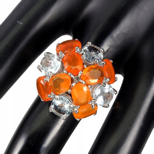 Pierścionek r 20 opale pomarańczowe akwamaryny 925