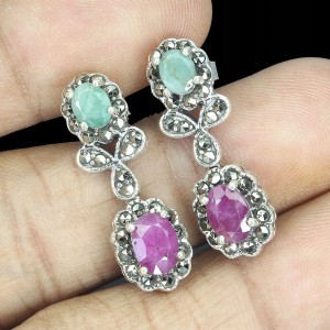 3 Srebrne kolczyki szmaragdy markazyty rubiny 925