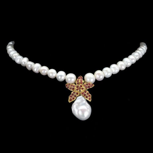 Piękny naszyjnik naturalne rubiny perły 925 kwiat