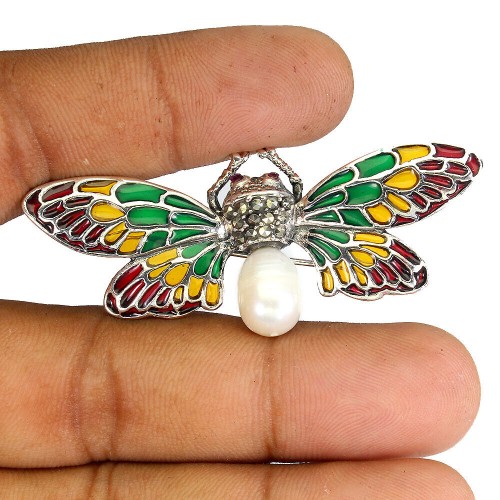 Broszka motyl rubiny markazyty perła naturalna 925