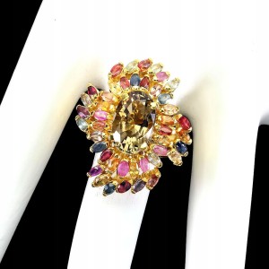 Srebro pierścionek szafiry Songea kwarc dymny r 16