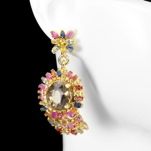 Kolczyki srebrne natural szafiry kwarc dymny 925 5