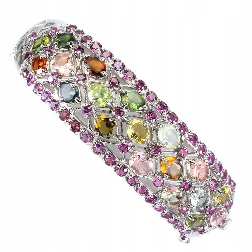 925 Srebrna bransoleta turmaliny granaty naturalne