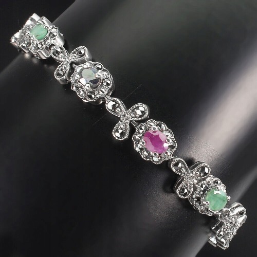 925 Bransoletka markazyty szmaragdy rubiny szafir