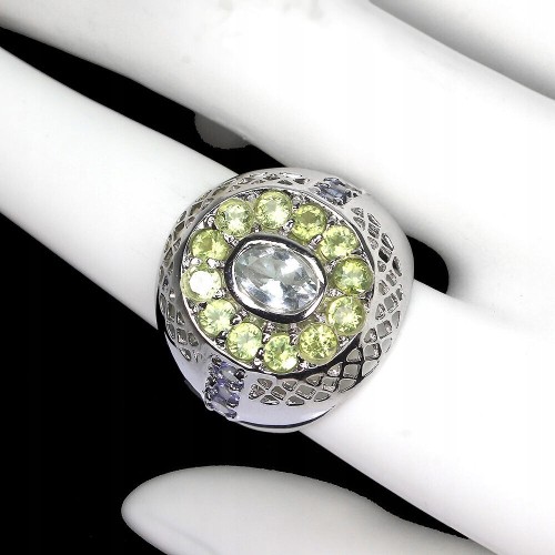 Pierścionek r 19.5 naturalny akwamaryn oliwiny 925