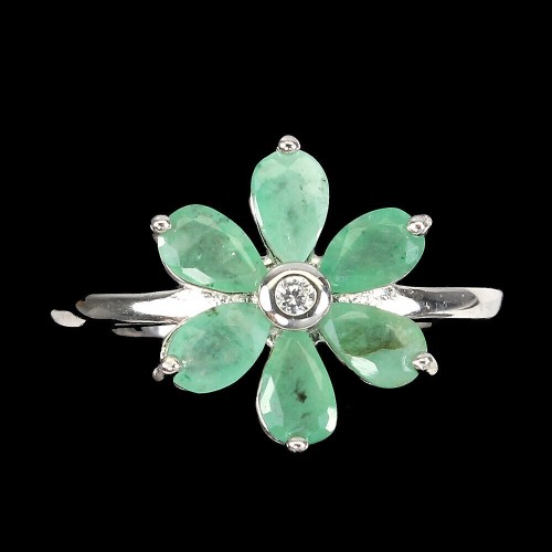 Srebrny delikatny pierścionek szmaragdy kwiat r 14