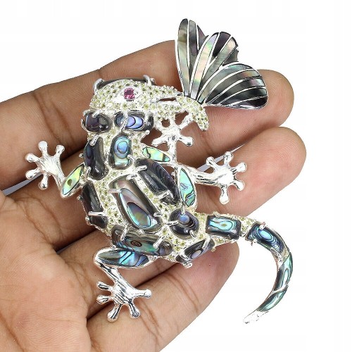 Srebro broszka wisiorek masa perłowa oliwiny gekon