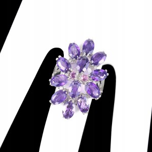 Srebro pierścionek naturalne ametysty granaty r 14