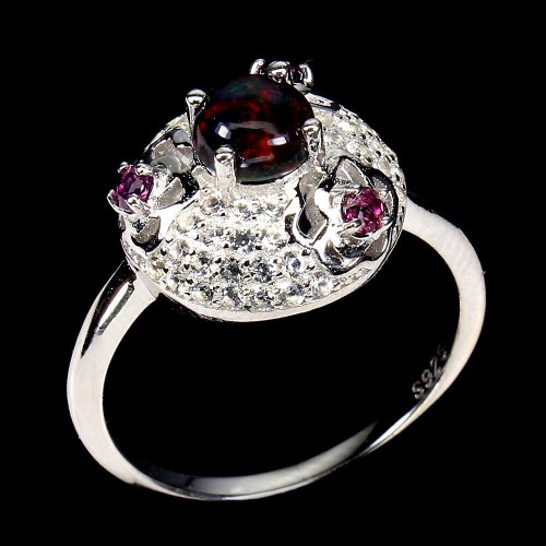 925 Pierścionek czarny opal r 19.5 granaty topazy