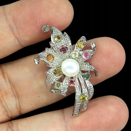 925 Broszka srebrna naturalne turmaliny perła