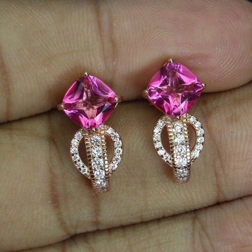 Srebrne kolczyki natural różowe topazy cyrkonie 3