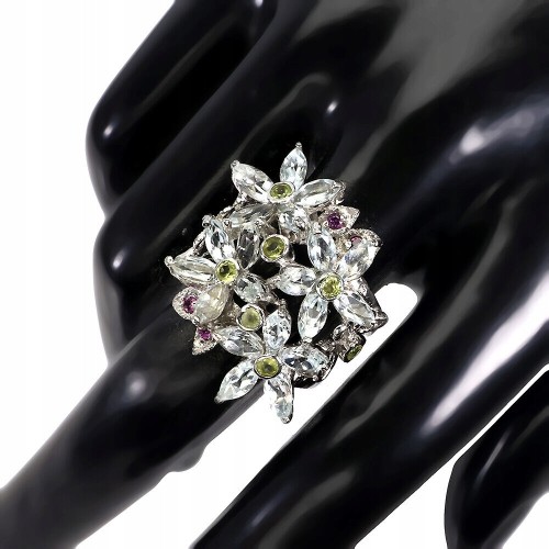 925 Pierścionek oliwiny akwamaryny kwiat r 16.5