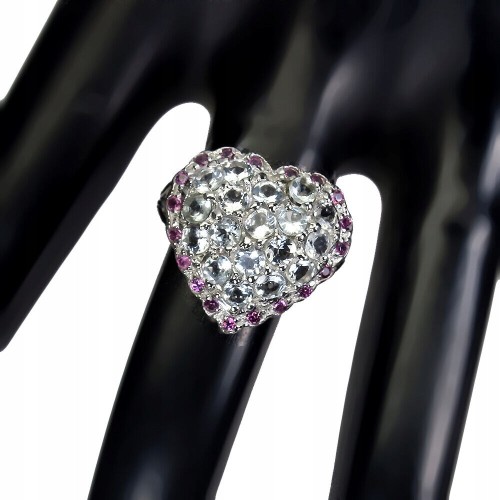 Pierścionek serce naturalne akwamaryny granat r 17