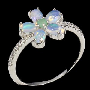 Delikatny pierścionek opale szmaragd kwiat r 14